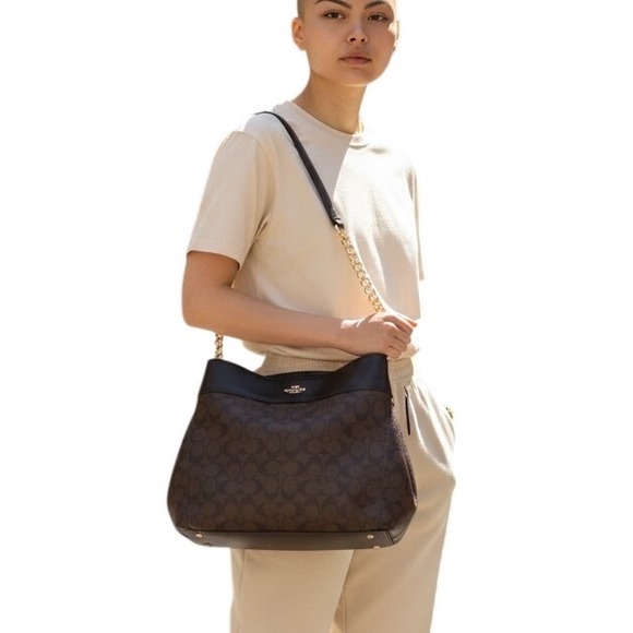 Coach Brown Signature Canvas Leather Chain Shoulder Bag